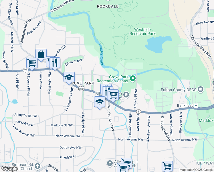 map of restaurants, bars, coffee shops, grocery stores, and more near 722 Florence Place Northwest in Atlanta