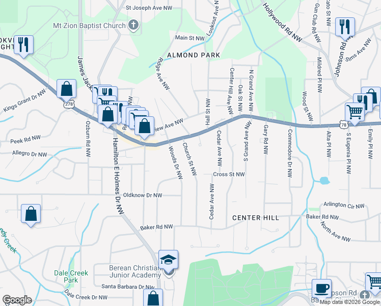 map of restaurants, bars, coffee shops, grocery stores, and more near 698 Church Street Northwest in Atlanta