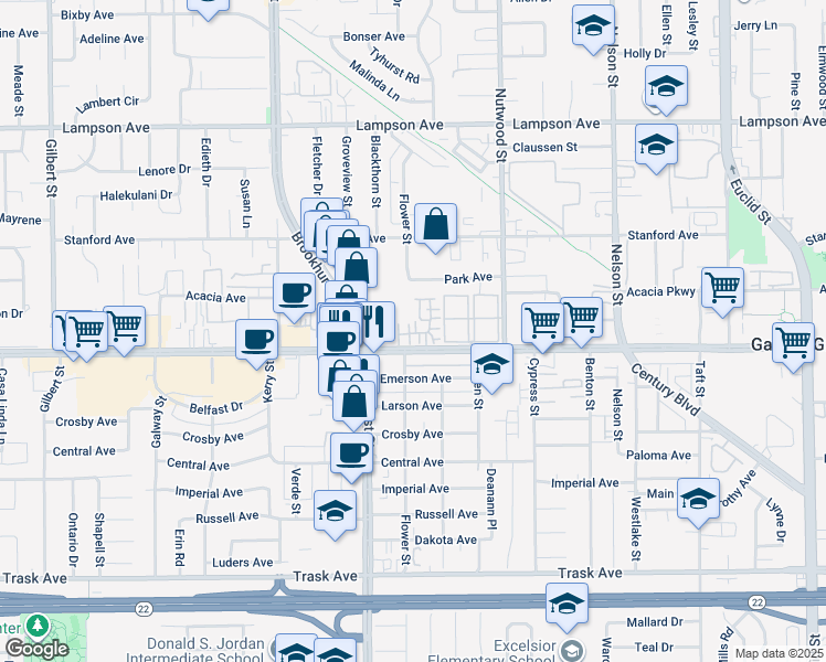 map of restaurants, bars, coffee shops, grocery stores, and more near 10242 Garden Grove Boulevard in Garden Grove