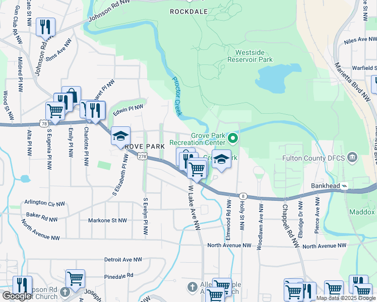 map of restaurants, bars, coffee shops, grocery stores, and more near 722 Florence Place Northwest in Atlanta
