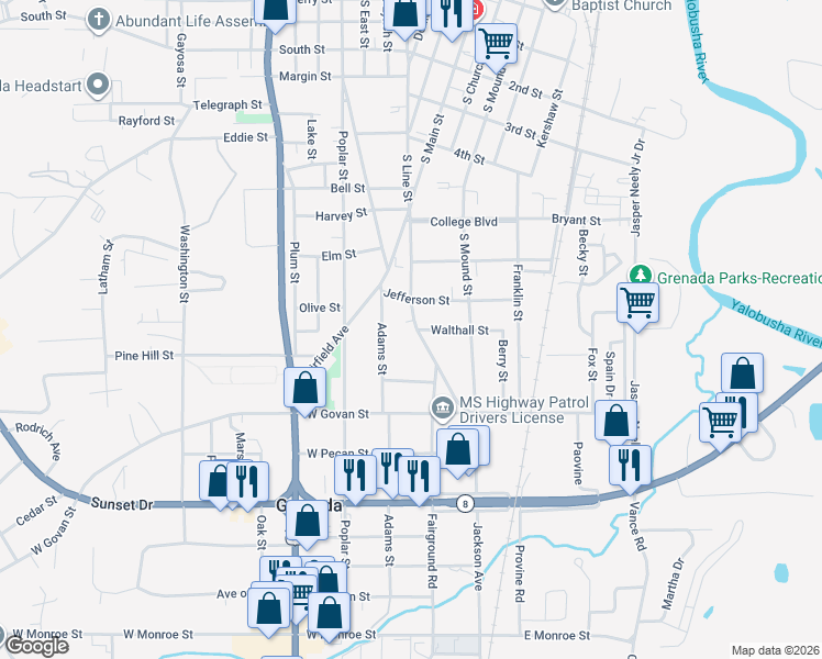 map of restaurants, bars, coffee shops, grocery stores, and more near 900-1108 Adams St in Grenada