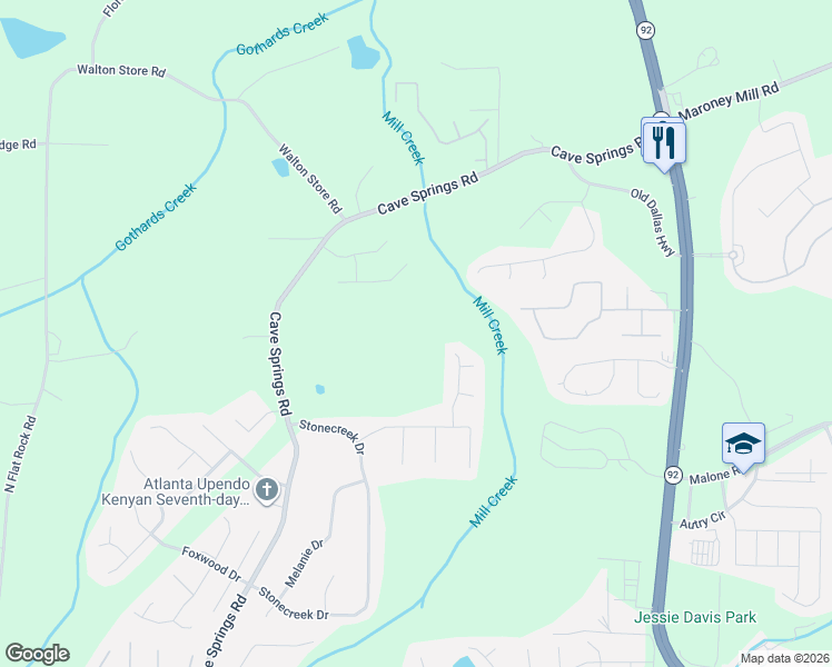 map of restaurants, bars, coffee shops, grocery stores, and more near 7493 Stonehenge Way in Douglasville