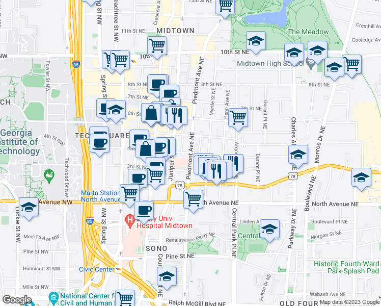 map of restaurants, bars, coffee shops, grocery stores, and more near Piedmont Avenue Northeast & 4th Street Northeast in Atlanta