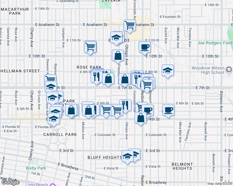 map of restaurants, bars, coffee shops, grocery stores, and more near 3025 East Theresa Street in Long Beach