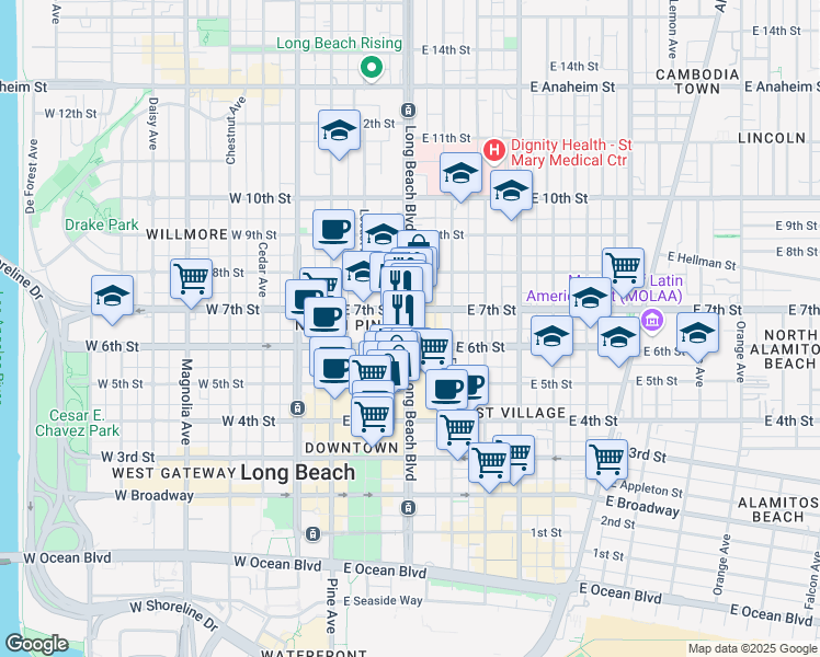 map of restaurants, bars, coffee shops, grocery stores, and more near 346 Molino Avenue in Long Beach