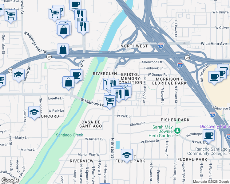 map of restaurants, bars, coffee shops, grocery stores, and more near 2801 North Bristol Street in Santa Ana