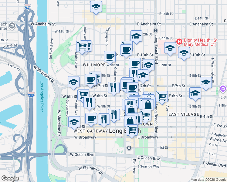 map of restaurants, bars, coffee shops, grocery stores, and more near 314 West 6th Street in Long Beach