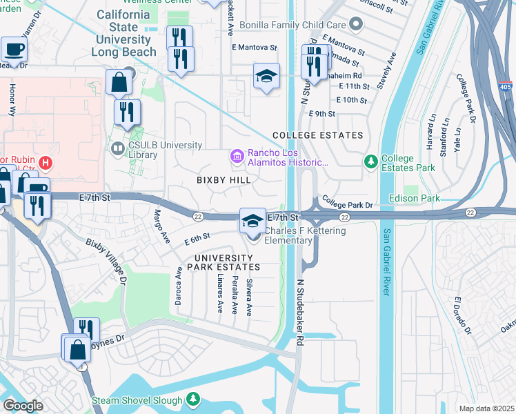 map of restaurants, bars, coffee shops, grocery stores, and more near 6447 Bixby Terrace Drive in Long Beach