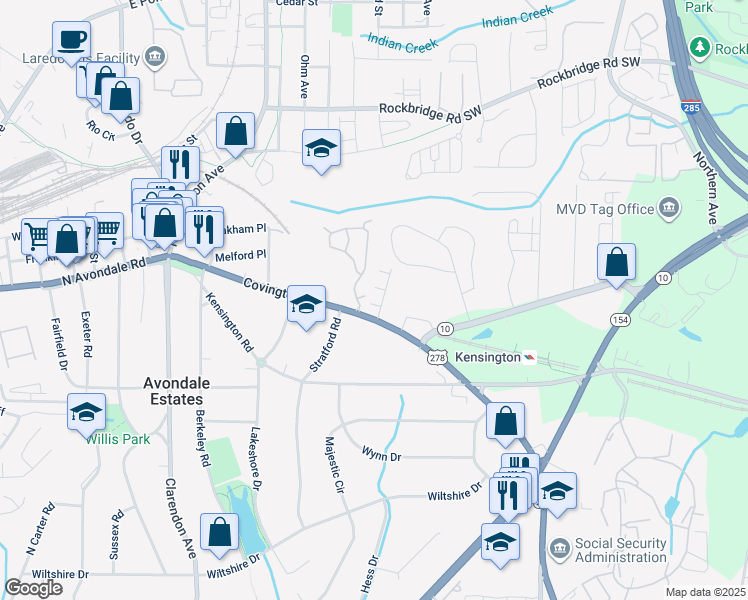 map of restaurants, bars, coffee shops, grocery stores, and more near 3202 Saute Way in Avondale Estates