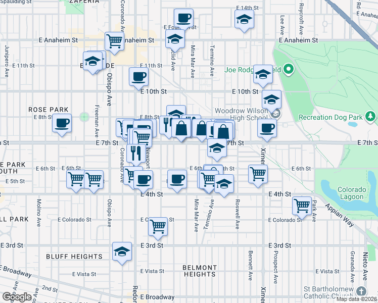 map of restaurants, bars, coffee shops, grocery stores, and more near 3817 East 6th Street in Long Beach