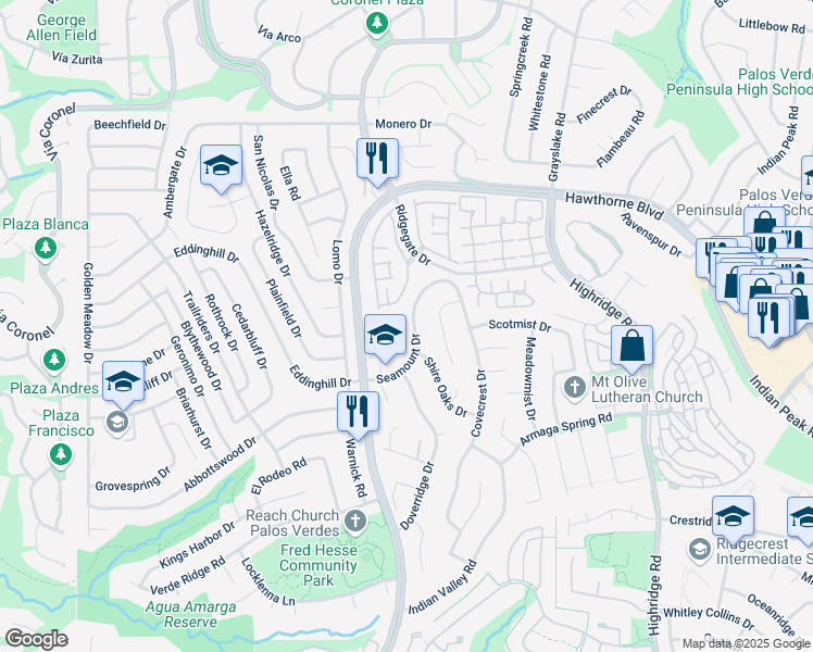 map of restaurants, bars, coffee shops, grocery stores, and more near 28525 Seamount Drive in Rancho Palos Verdes