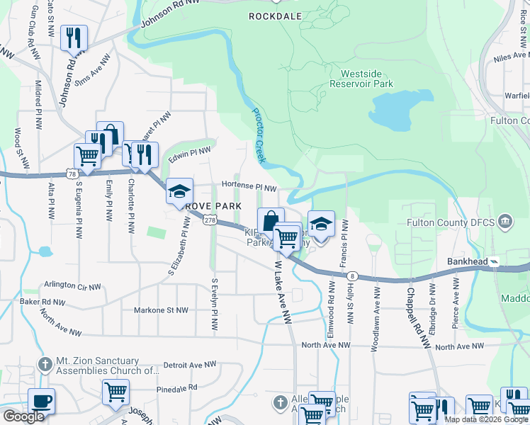 map of restaurants, bars, coffee shops, grocery stores, and more near 701 Matilda Place Northwest in Atlanta