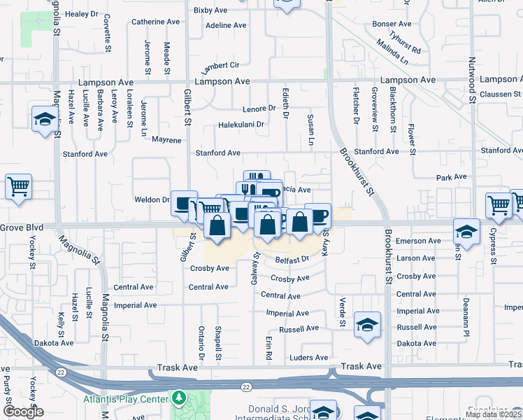 map of restaurants, bars, coffee shops, grocery stores, and more near 12942 Galway Street in Garden Grove