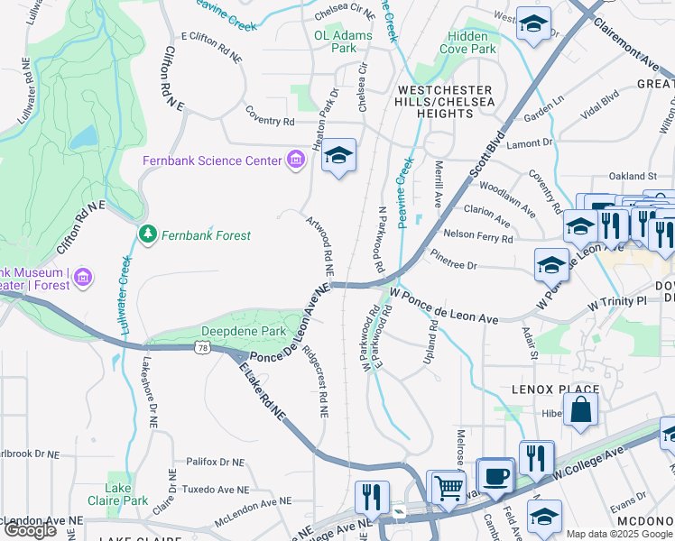 map of restaurants, bars, coffee shops, grocery stores, and more near 2173 North Ponce De Leon Avenue Northeast in Atlanta