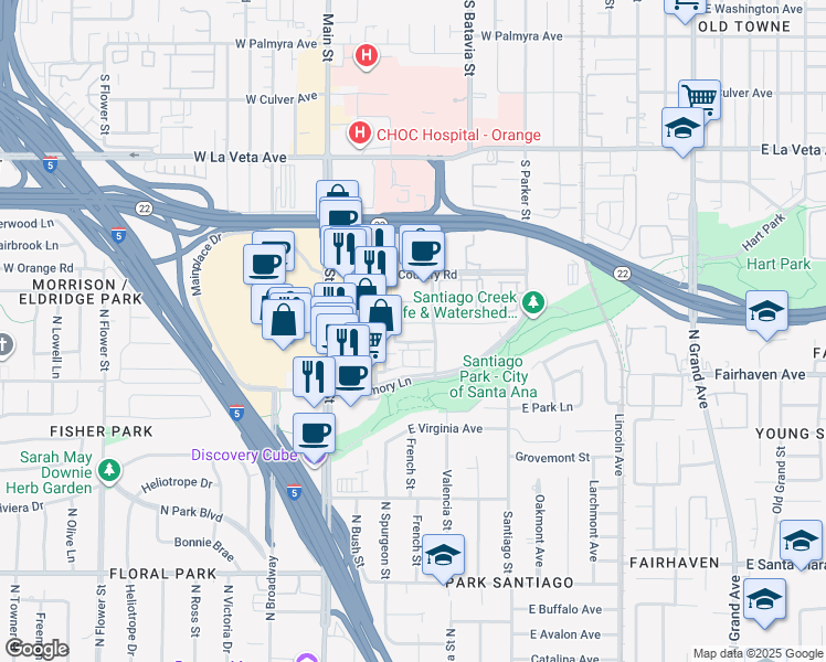 map of restaurants, bars, coffee shops, grocery stores, and more near 301 Jeanette Lane in Santa Ana