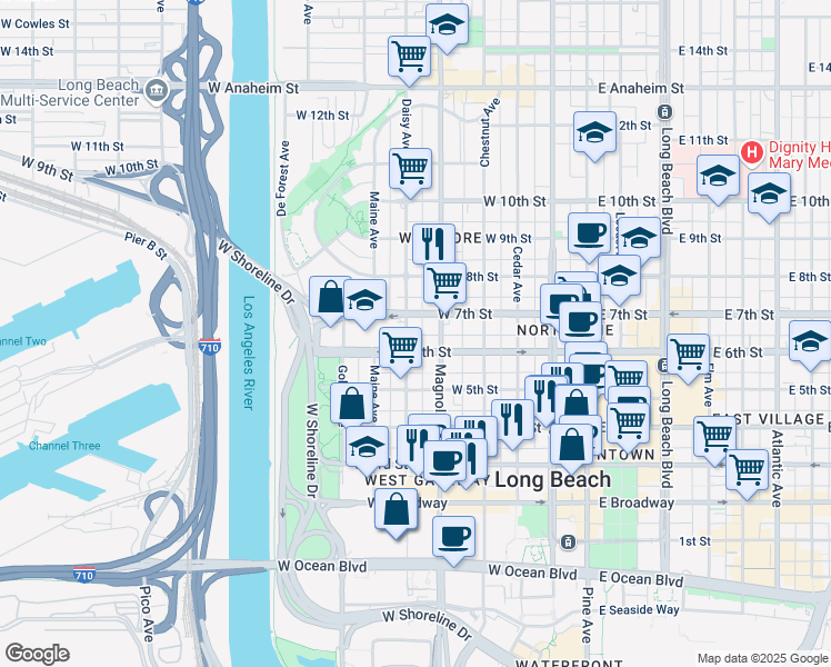 map of restaurants, bars, coffee shops, grocery stores, and more near 628 Daisy Avenue in Long Beach