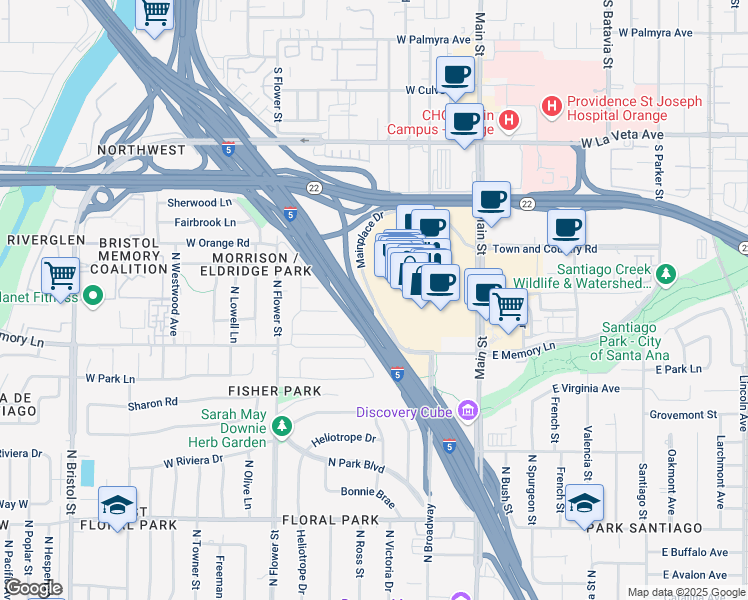 map of restaurants, bars, coffee shops, grocery stores, and more near North Main Place Drive in Orange