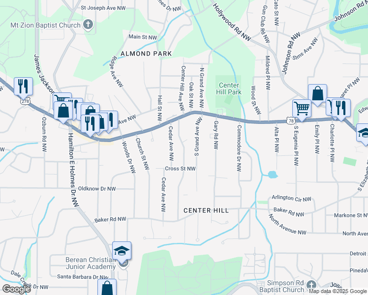 map of restaurants, bars, coffee shops, grocery stores, and more near Center Hill Ave NW in Atlanta