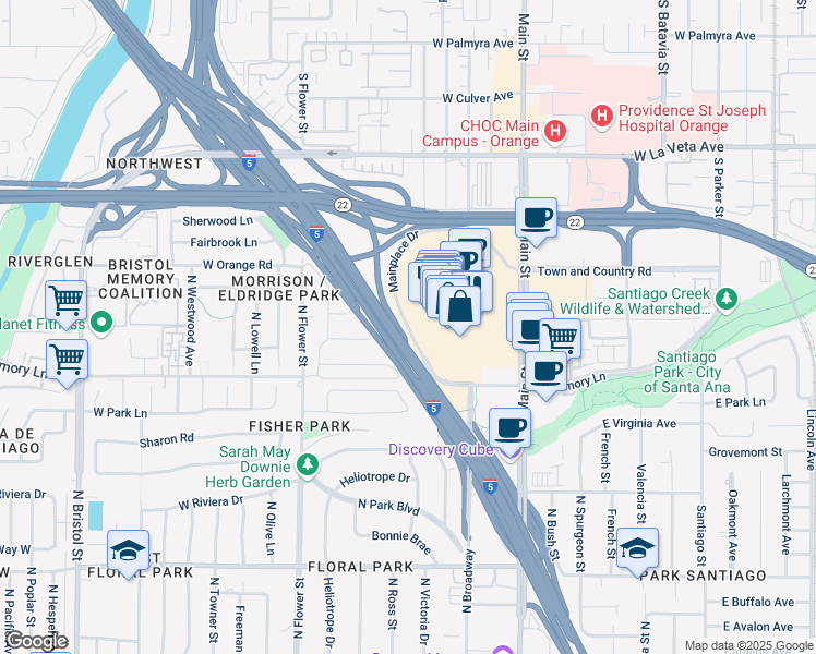 map of restaurants, bars, coffee shops, grocery stores, and more near North Main Place Drive in Orange