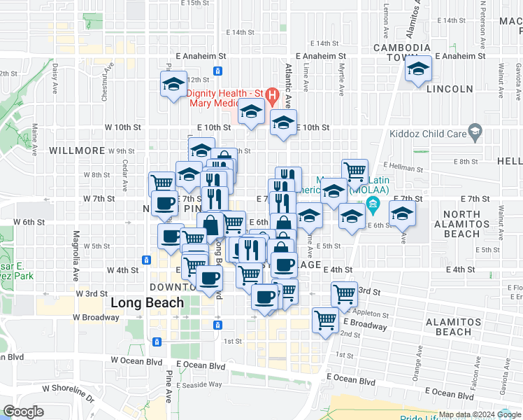 map of restaurants, bars, coffee shops, grocery stores, and more near 627 Linden Avenue in Long Beach
