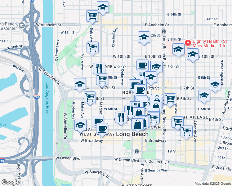 map of restaurants, bars, coffee shops, grocery stores, and more near 314 West 6th Street in Long Beach