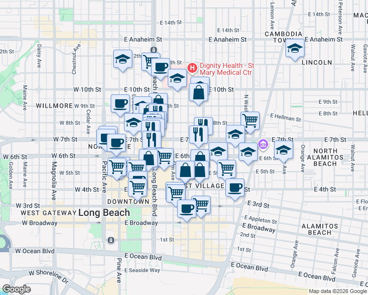 map of restaurants, bars, coffee shops, grocery stores, and more near 701 Linden Avenue in Long Beach