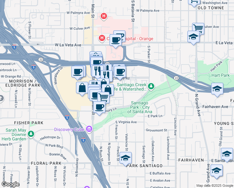 map of restaurants, bars, coffee shops, grocery stores, and more near 2700-2998 Lawson Way in Orange