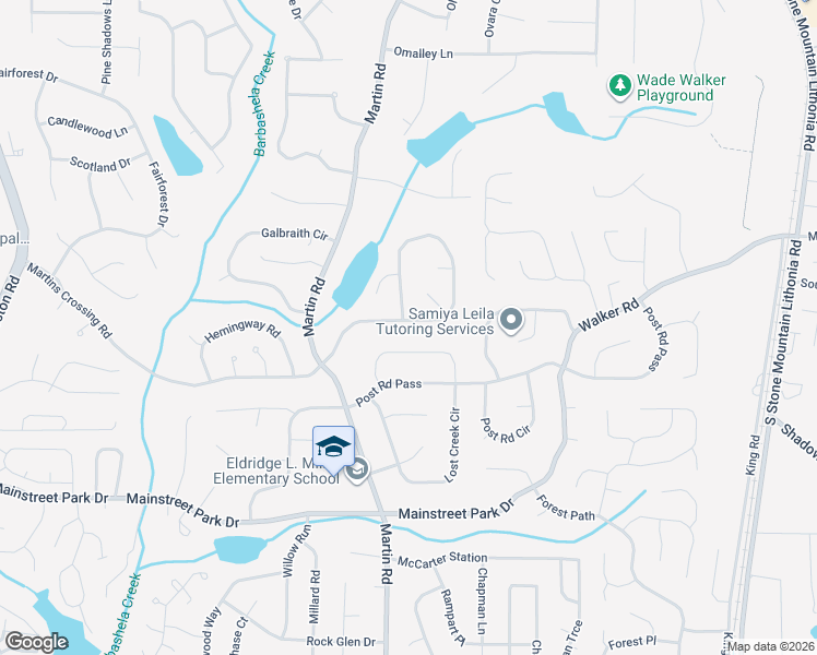 map of restaurants, bars, coffee shops, grocery stores, and more near 5482 Martins Crossing Road in Stone Mountain
