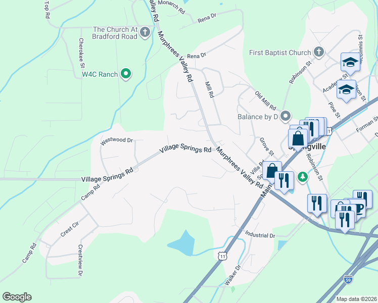 map of restaurants, bars, coffee shops, grocery stores, and more near 214 Village Springs Road in Springville