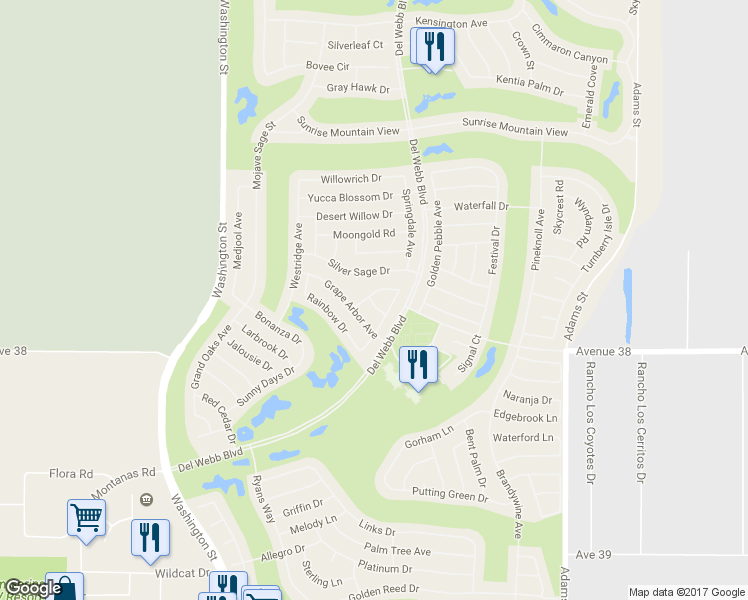map of restaurants, bars, coffee shops, grocery stores, and more near 37656 Blue Sky Avenue in Palm Desert