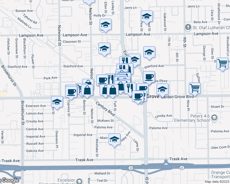map of restaurants, bars, coffee shops, grocery stores, and more near in Garden Grove