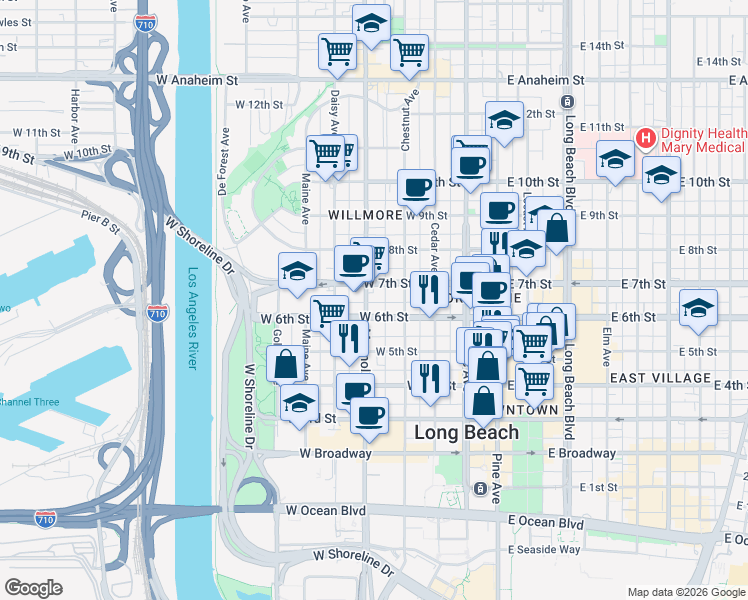 map of restaurants, bars, coffee shops, grocery stores, and more near 630 Magnolia Avenue in Long Beach