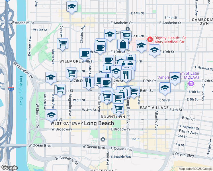 map of restaurants, bars, coffee shops, grocery stores, and more near 629 Pine Avenue in Long Beach