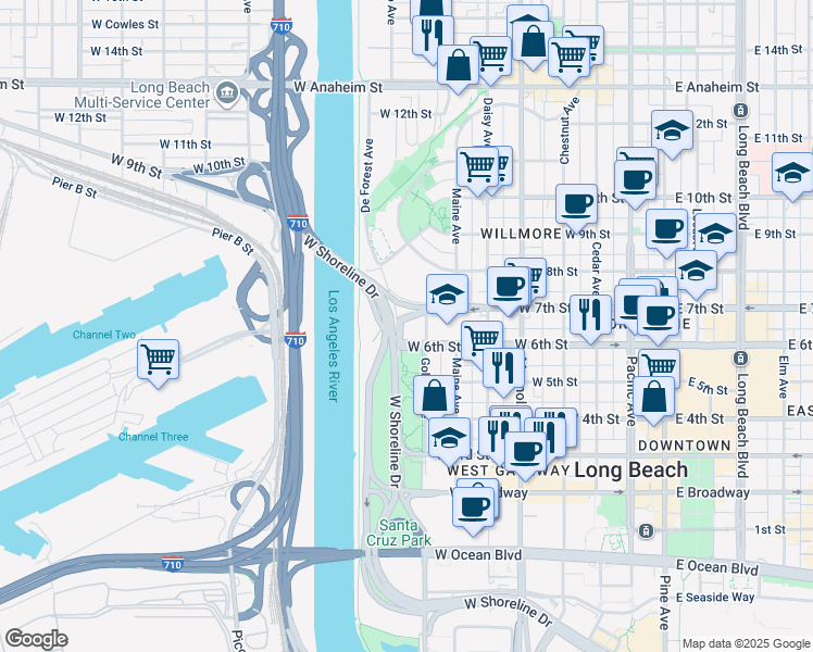 map of restaurants, bars, coffee shops, grocery stores, and more near 636 San Francisco Avenue in Long Beach