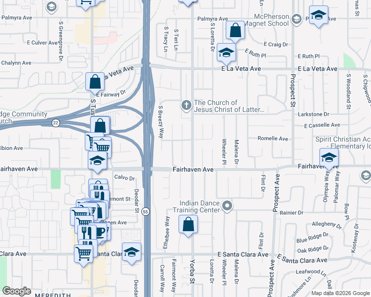 map of restaurants, bars, coffee shops, grocery stores, and more near 821 South Fairmont Way in Orange