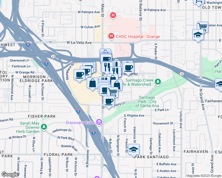 map of restaurants, bars, coffee shops, grocery stores, and more near 123 East City Place Drive in Santa Ana