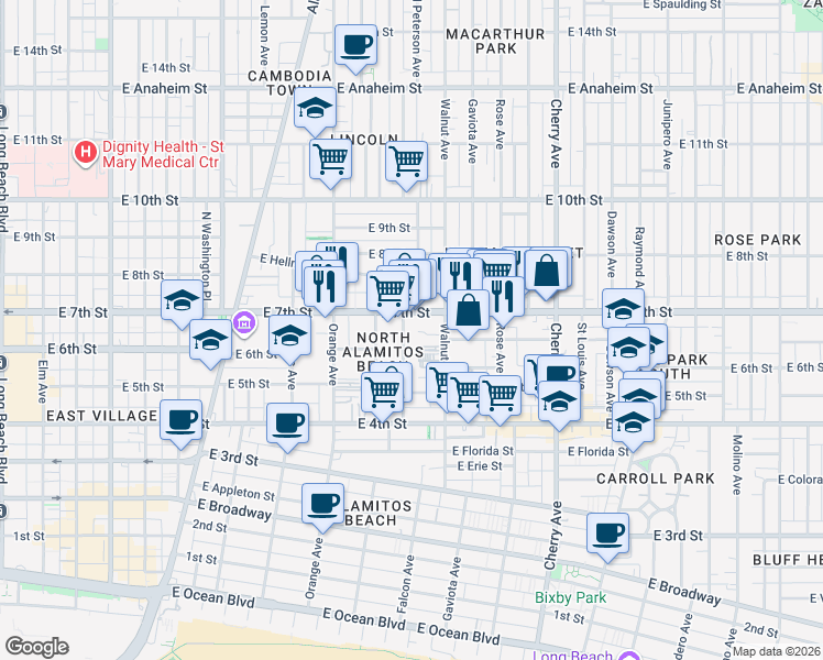 map of restaurants, bars, coffee shops, grocery stores, and more near 630 Nebraska Avenue in Long Beach