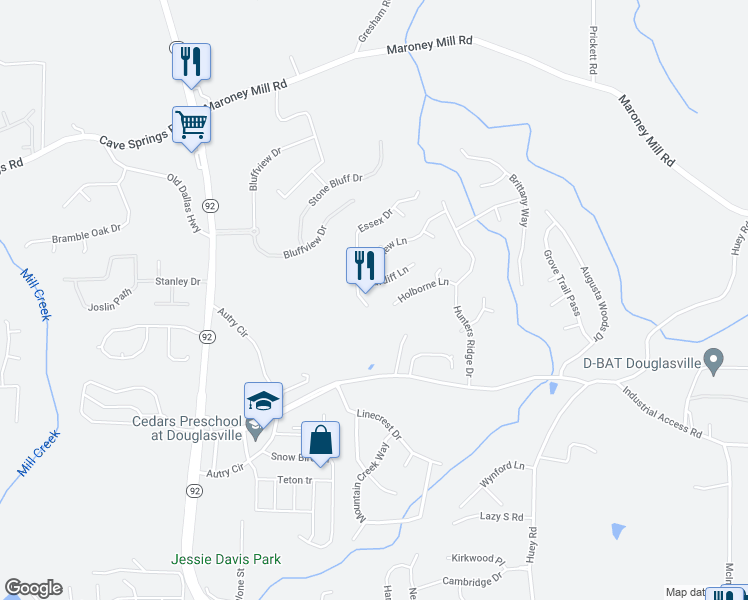 map of restaurants, bars, coffee shops, grocery stores, and more near 6409 Hillview Lane in Douglasville