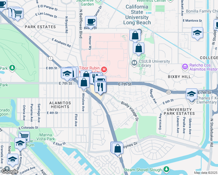 map of restaurants, bars, coffee shops, grocery stores, and more near 601 John K Drive in Long Beach