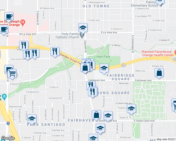 map of restaurants, bars, coffee shops, grocery stores, and more near 2757 North Grand Avenue in Santa Ana
