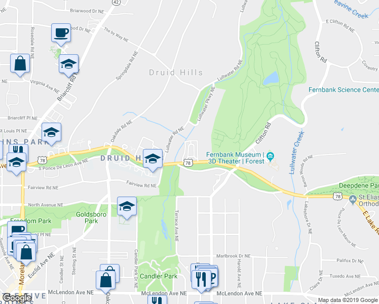 map of restaurants, bars, coffee shops, grocery stores, and more near 5 Lullwater Estate Northeast in Atlanta