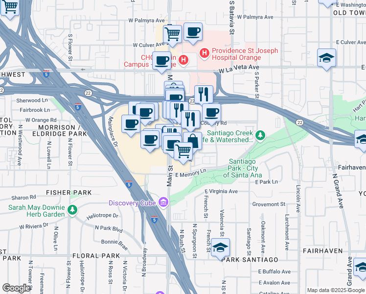 map of restaurants, bars, coffee shops, grocery stores, and more near 123 East City Place Drive in Santa Ana