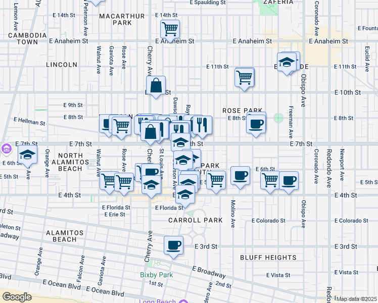 map of restaurants, bars, coffee shops, grocery stores, and more near 2317 East 7th Street in Long Beach