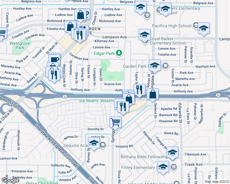 map of restaurants, bars, coffee shops, grocery stores, and more near 6182 Anthony Avenue in Garden Grove