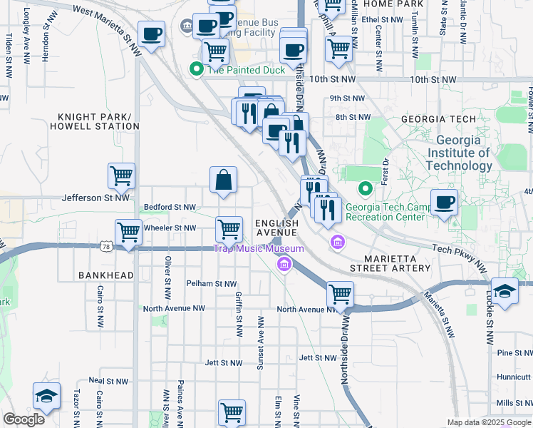 map of restaurants, bars, coffee shops, grocery stores, and more near 694 Jefferson Street Northwest in Atlanta