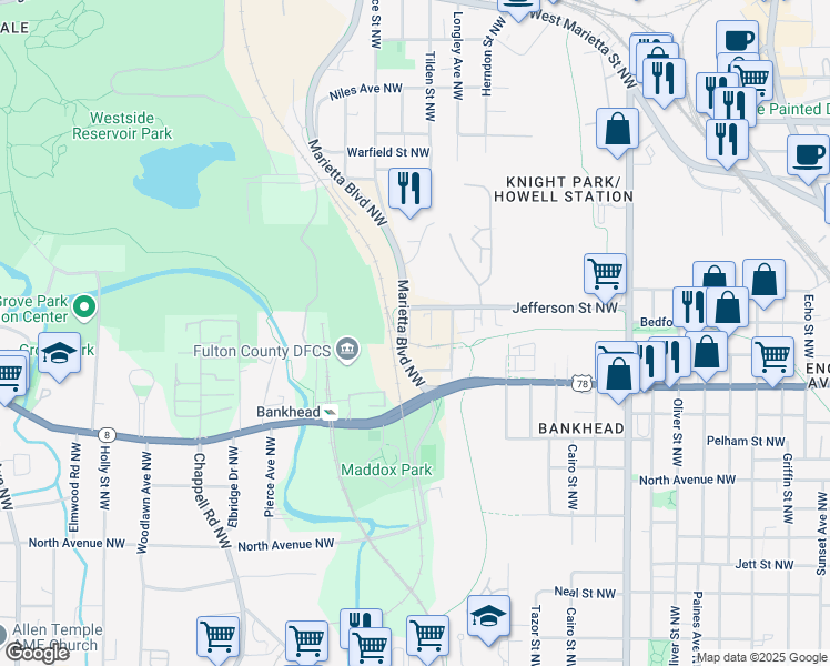 map of restaurants, bars, coffee shops, grocery stores, and more near 733 Rice Street Northwest in Atlanta