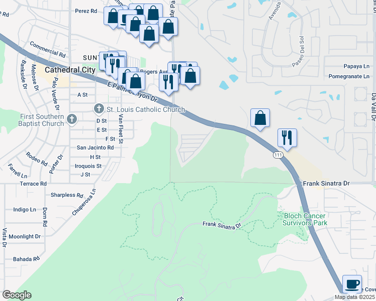 map of restaurants, bars, coffee shops, grocery stores, and more near 69333 East Palm Canyon Drive in Cathedral City