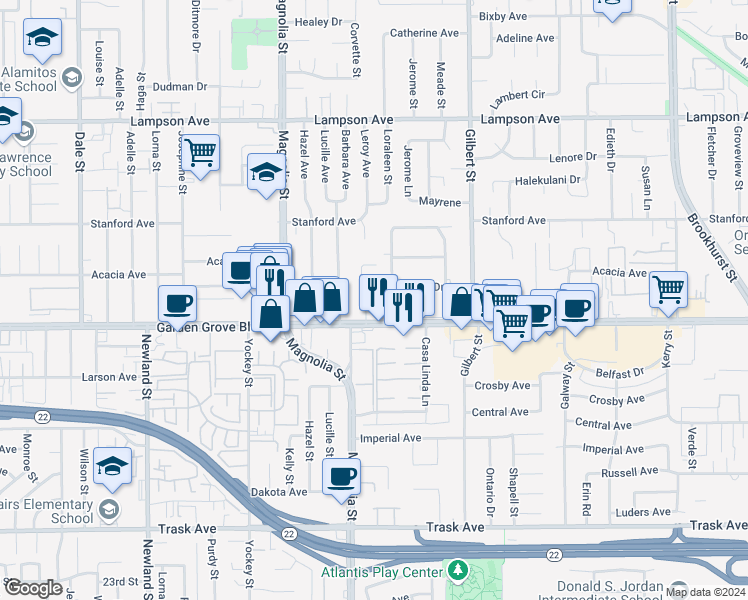 map of restaurants, bars, coffee shops, grocery stores, and more near 12922 Shackelford Lane in Garden Grove