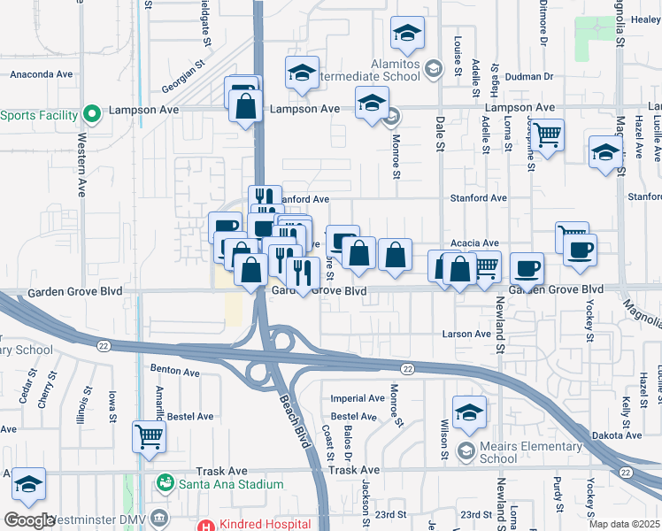 map of restaurants, bars, coffee shops, grocery stores, and more near 12852 Court Street in Garden Grove