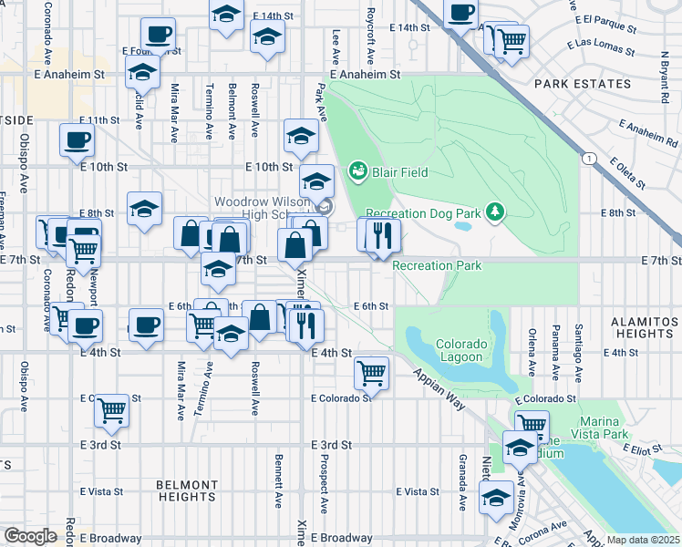 map of restaurants, bars, coffee shops, grocery stores, and more near 4540 East 7th Street in Long Beach